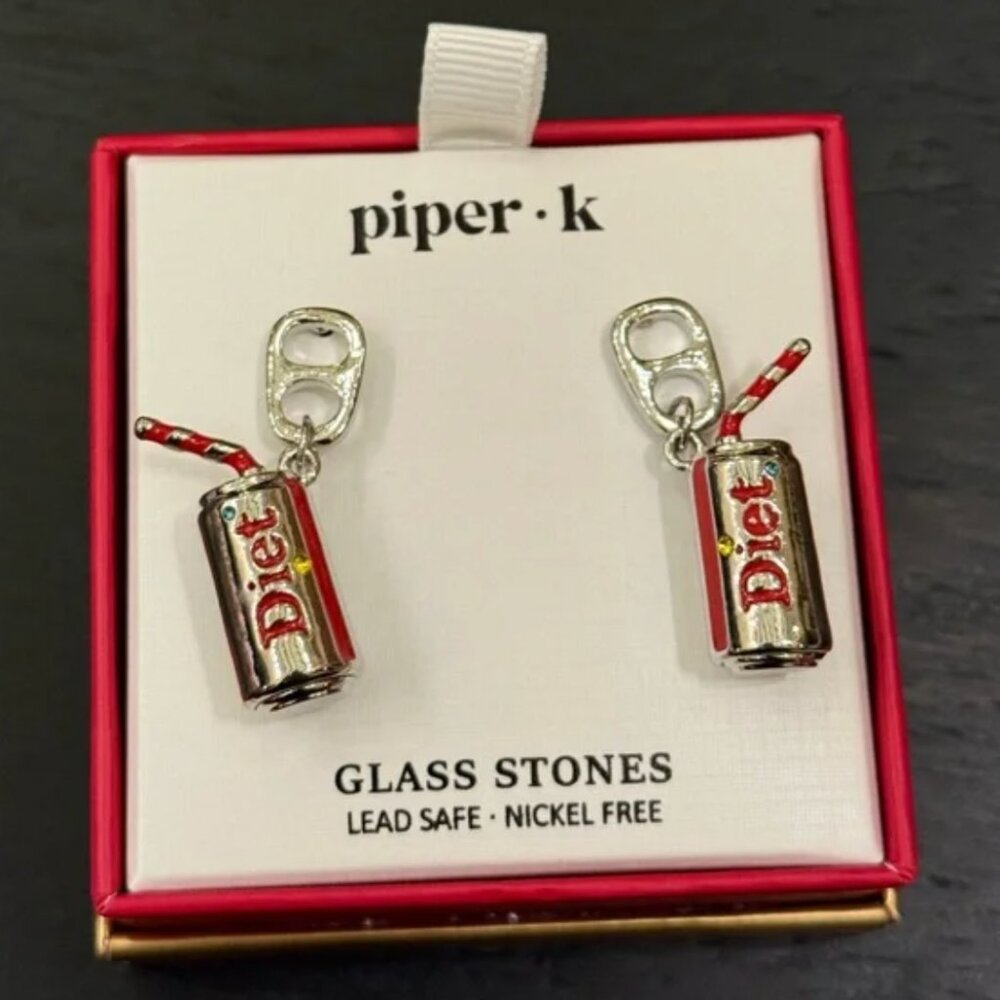 Piper K Silver Tone  & Red Enamel Diet Coke & Straw Drop Earrings New. in Box